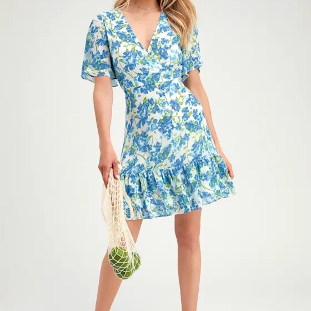 Lulu's Blue and Green Floral Mini Dress